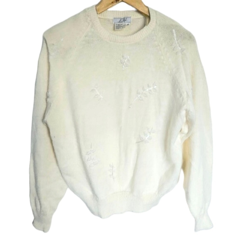 Vintage Eaton‎ Beaded Cream Crewneck Pullover Sweater Medium